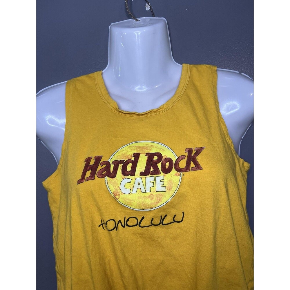 Hard Rock Cafe Tank Top Womens XS Yellow Honolulu Graphic Tie Front Crop
